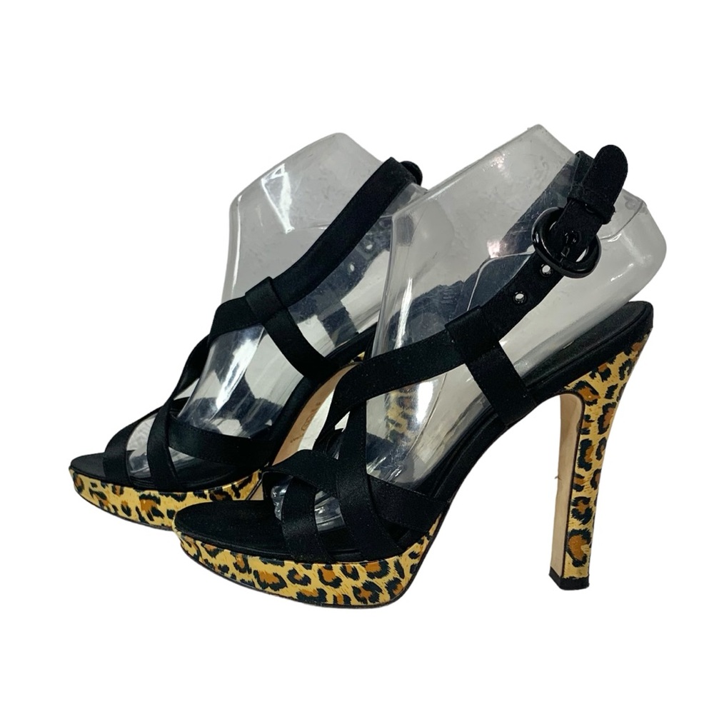 NINA Black Satin Leopard Platform Heel Leather Sole Sz 8.5